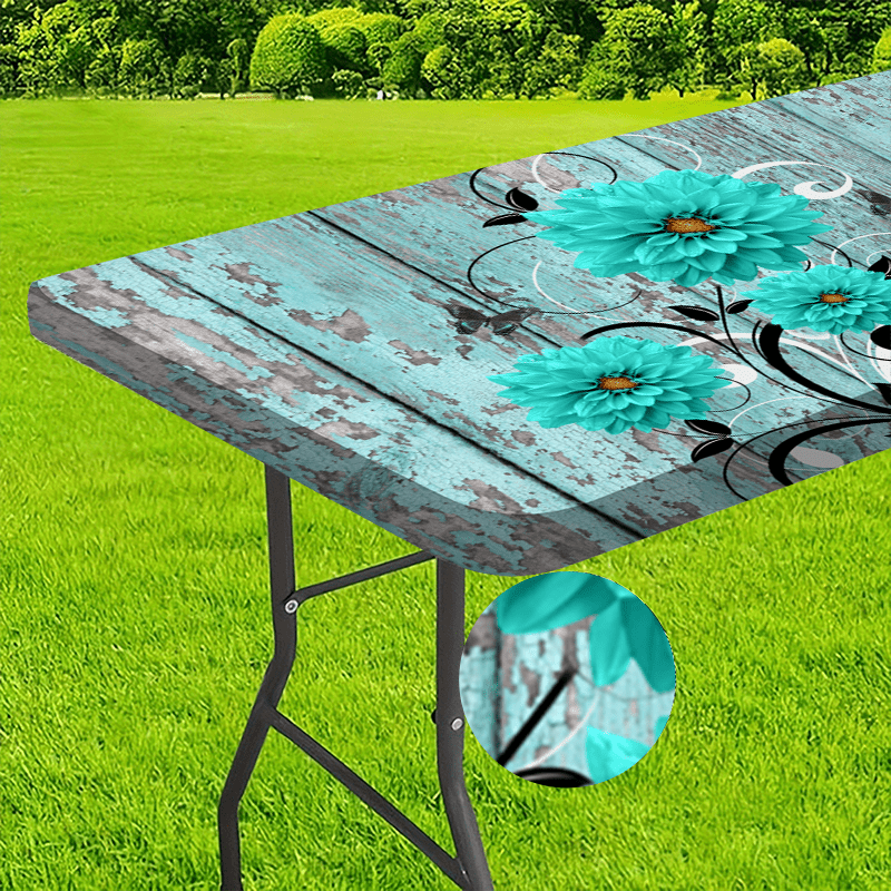 E-shop Outdoor-Tischdecke mit Distressed-Holzplanken- und Sonnenblumen-Design - Elastische Polyesterkante - Ideal für Camping, Picknicks und