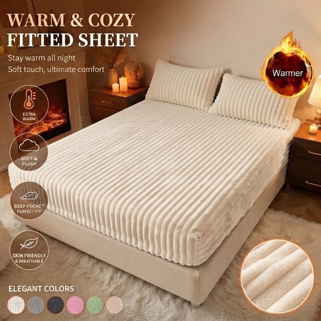 TEMU 1pc Thickened Flannel Fitted Sheet, Soft And Skin-friendly, Deep Pocket - Suitable For Master Bedrooms, Dorms, - Machine Washable Fitted Sheet