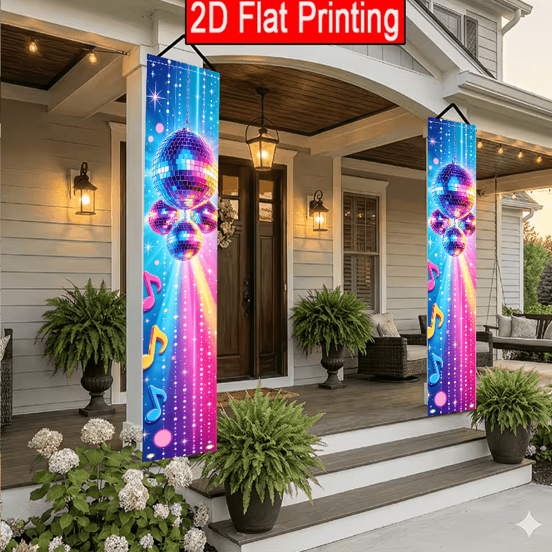 TEMU 2d Flat, 2d Door Banner, 2d Flat, 2pcs Set. 2d Flat Retro Disco Theme, 12x70.8inch Door Banner, Party, 70s-80s Design, Suitable For Outdoor And
