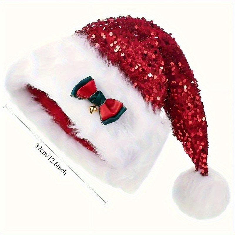 TEMU New Party Use Winter Christmas Sequin Santa Hat With Bow And Pom-pom, Suitable For Women, Hand Washable, Non-elastic Design, Featherless, Ideal