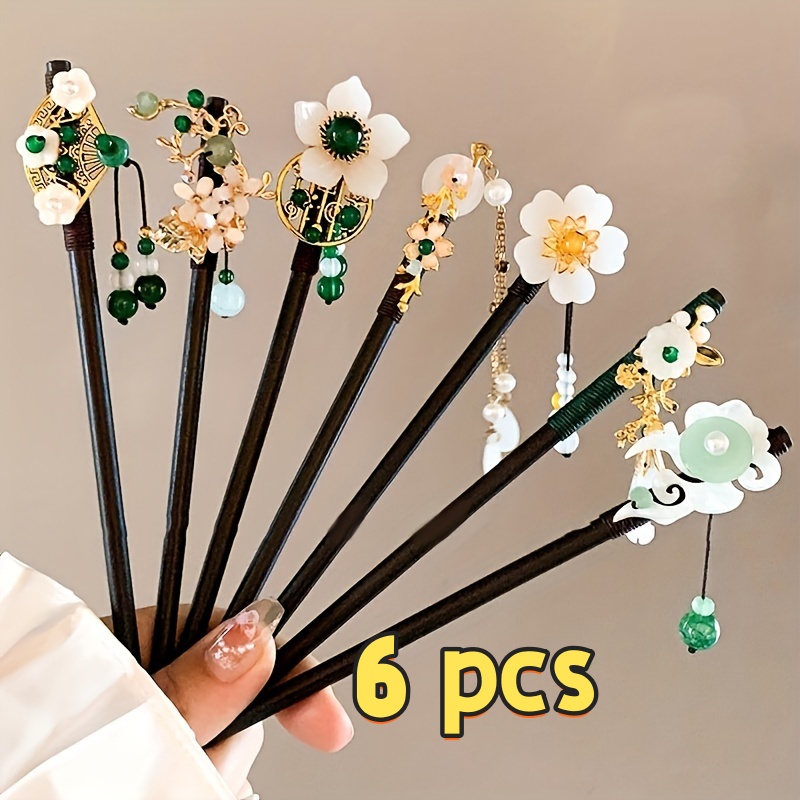 TEMU Set Of 6 Wooden Bead Tassel Hair Sticks, Vintage Hairpins For Women, Elegant Additions For The Back Of