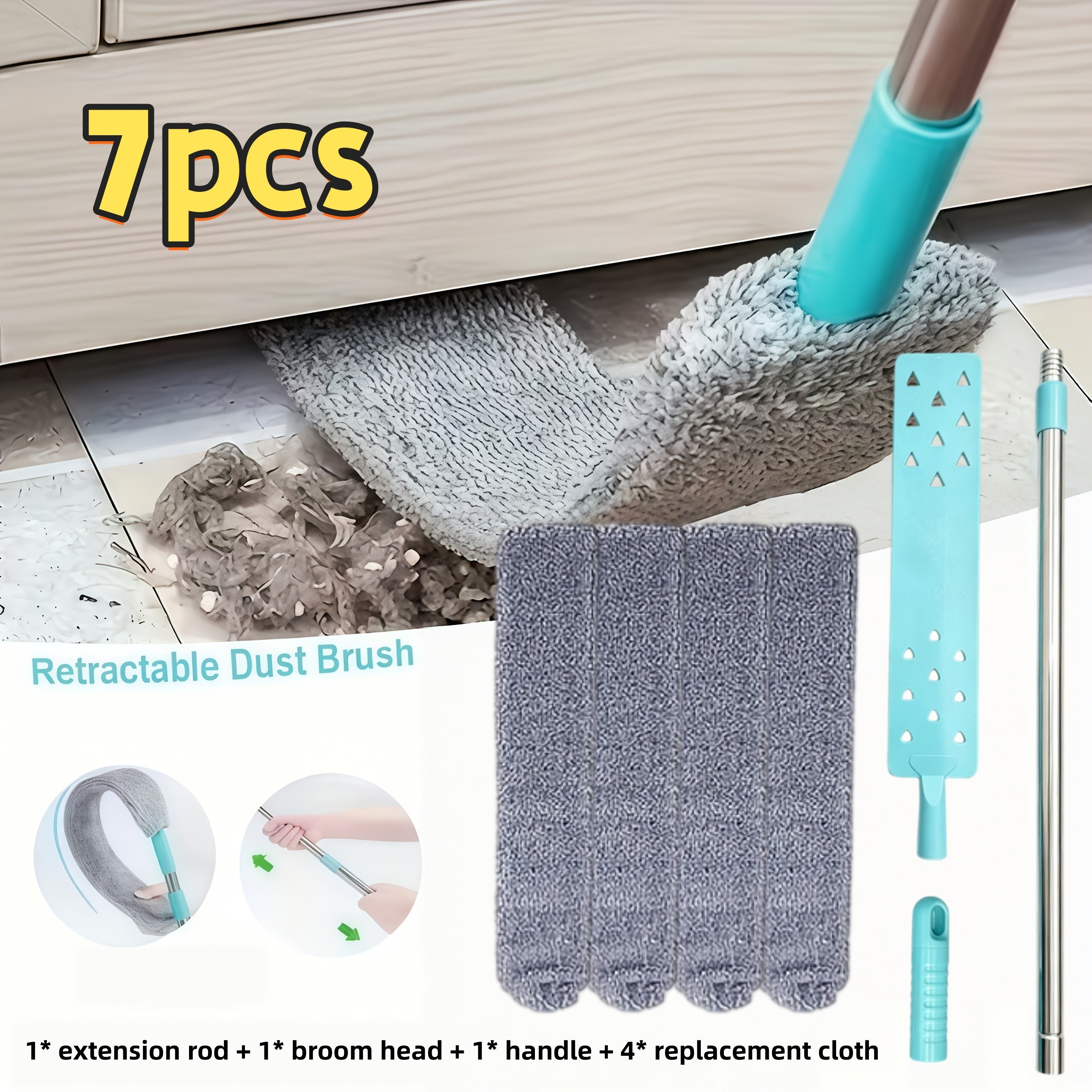 TEMU 7pcs Set: 1* Extension Pole + 1* Broom Head + 1* Handle + 4* Replacement Cloths. Telescopic Crevice Duster, Suitable For Dusting Under