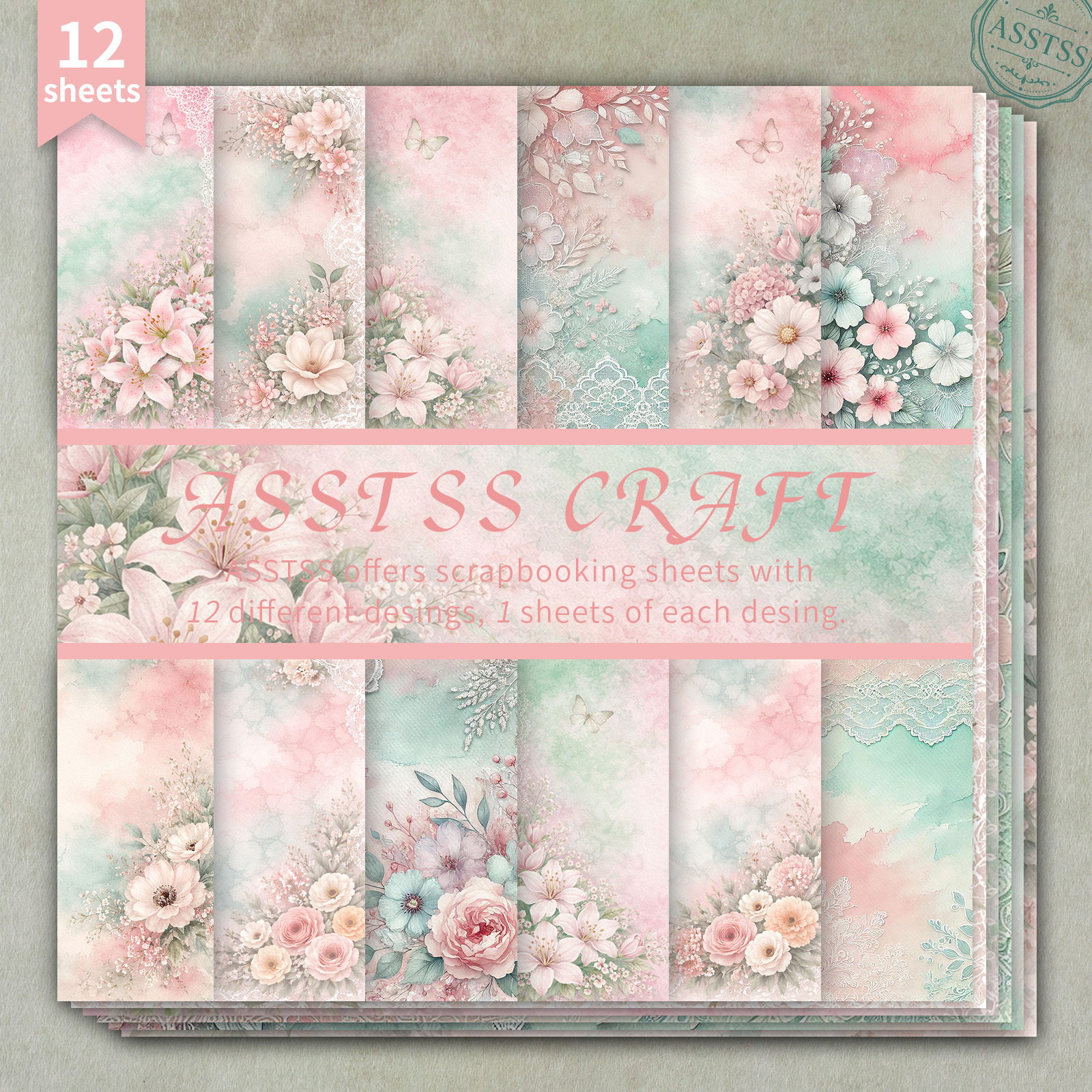 TEMU Lot de 12 feuilles de papier scrapbooking ASSTSS de 6X6 pouces, papier de base rose-vert à fleurs, dentelle, style vintage doux, papier de