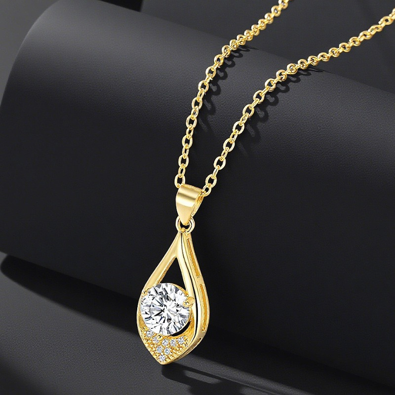 TEMU 925er Silber 14K vergoldete Halskette mit 1 Moissanit-Tränenanhänger, klassischer Alltags-Schmuck für Damen Herren, Paar-Halskette, geeignet für
