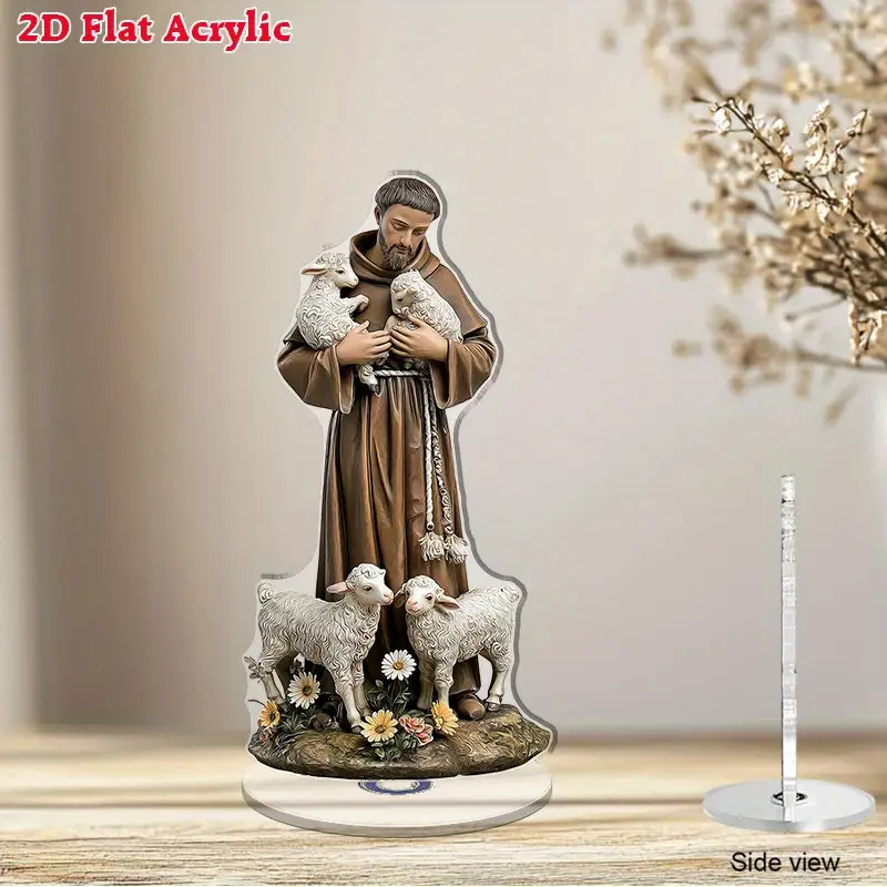 TEMU 2d Flat Acrylic Ornament, 2d Flat Rotatable Acrylic Desktop Decoration With St. Francis Of Assisi Design, Enhancing Spiritual Ambiance, Suitable