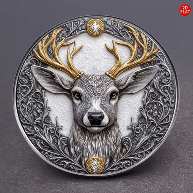 TEMU 2D-flach, 2D-flache Vintage-Metallbrosche, Geweihhirsch, florale Ranken, ornamentales Muster, dekorative Brosche, Wildtier--Thema, geeignet für