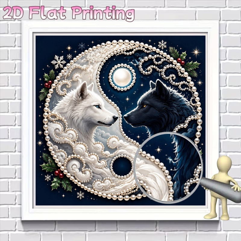 TEMU 2d Pearl Diamond Painting Kit, Frameless Yin Yang Double Wolf Sky Full Pattern, New Release Craft Supplies, Suitable For Home Wall Decor And