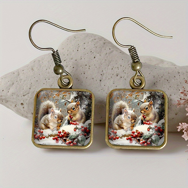 TEMU 1 Pair Snow Squirrel Square Earring Retro Glass Dangle Earrings Handmade Jewelry Gift, Without Battery