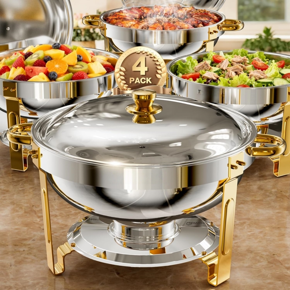 E-shop Buffet Chafing Dishes 4er-Pack, 6QT Runde Chafing Dish Buffet Set Edelstahl Buffet Speisenwärmer Sets für Catering Events Partys Dinners mit