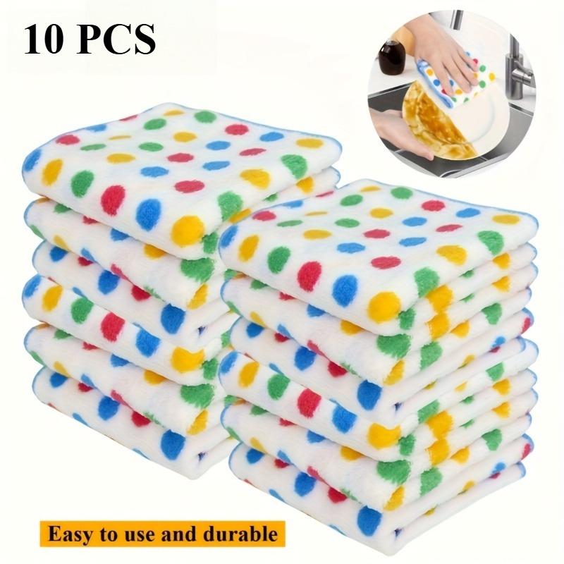 Image of 10-pack Polka Dot Coral Dishcloths, Non-greasy, , Thickened Absorbent Cleaning Cloths For Kitchen, Bathroom, And Bedroom, Reusable Cleaning Rags