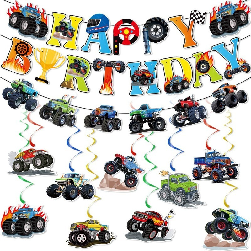 

1pc Vibrant Monster Truck Birthday Banner - "" Garland With Cartoon Trucks, & Balloons Design, Paper, No Power Required - Ideal For ' Party Decorations & Gifts, Monster Truck Birthday Decorations