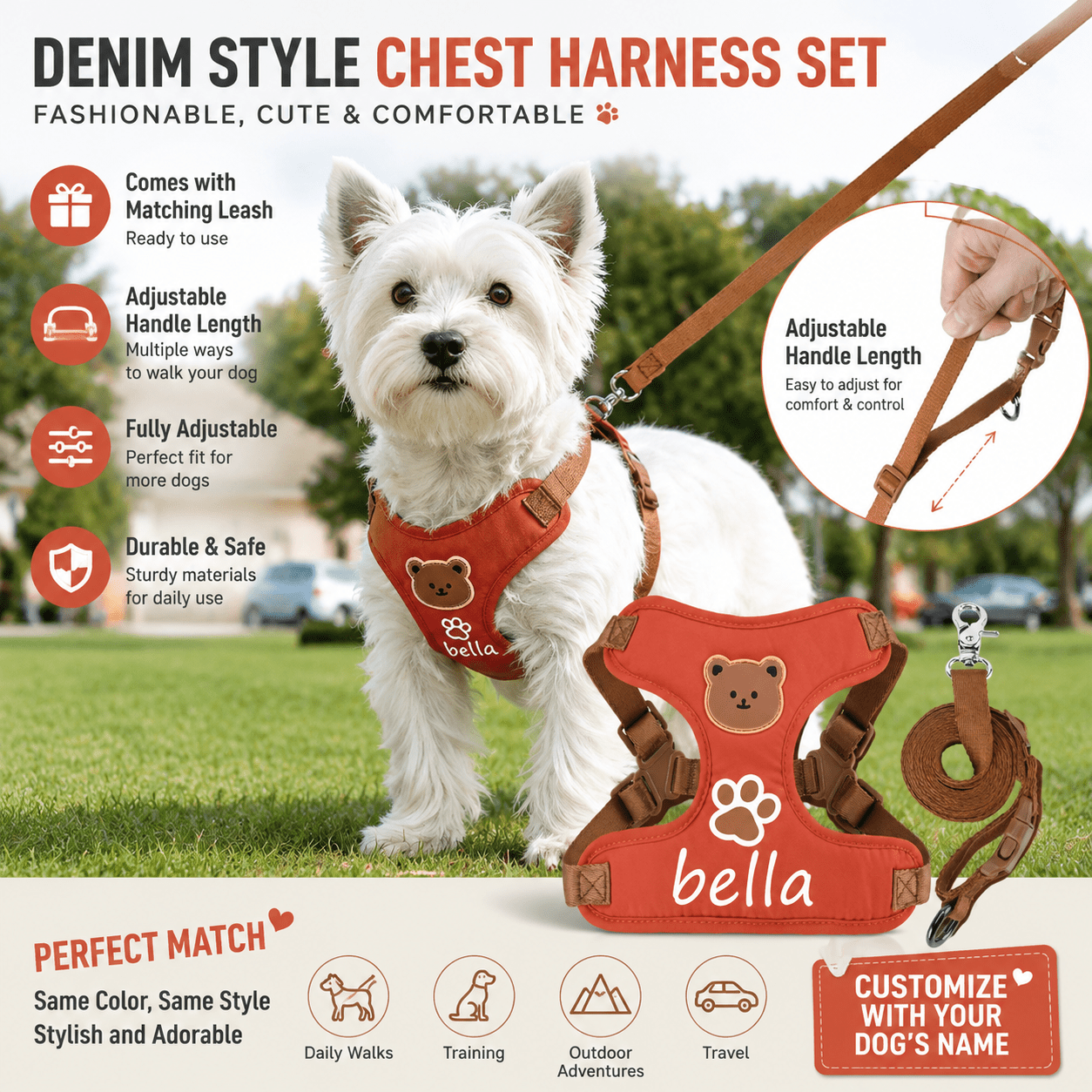 Solid Color Bear Pattern Dog Harness and Leash Set, Adjustable