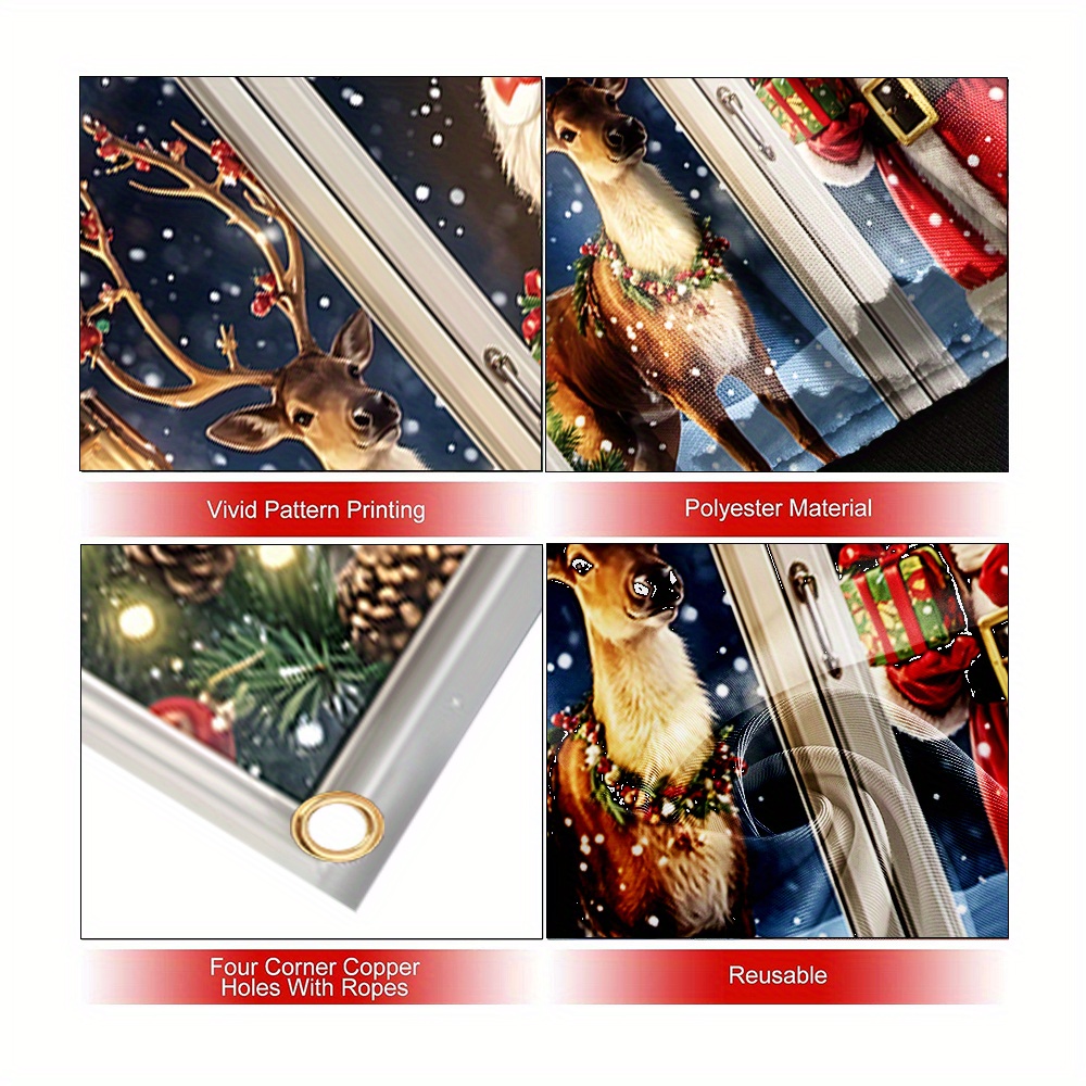 2D Plat, Zelfklevend Kerst Raamvlag met Santa & Rendier - Sneeuwvlokken Vlaggenslinger Met Hulstbessen En Twinkel-Effect, Duurzame Binnen/Buiten Feestdecoratie voor Deuren, Partijtjes en Huizen (Makkelijk Afpelbaar), 2D Flat, 1 Stuk