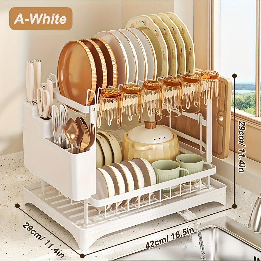 TEMU Multi-functional Carbon Steel Dish Rack With Drainage Board, 2-tier Drainable Drying Rack, Utensil Holder, Sticky Board Rack, Cup Holder.
