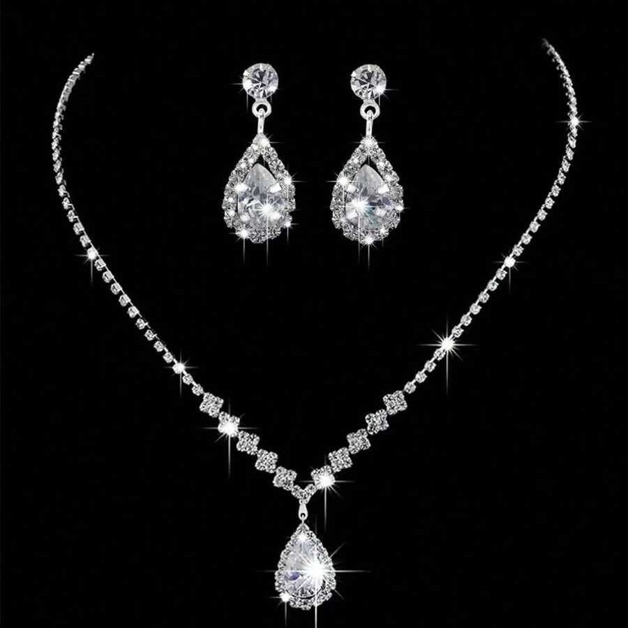 1 Set Luxury Hypoallergenic Claw Chain, Teardrop Pendant Necklace & Earrings Set, Elegant Bridal Party Accessories [random Connector Ring]