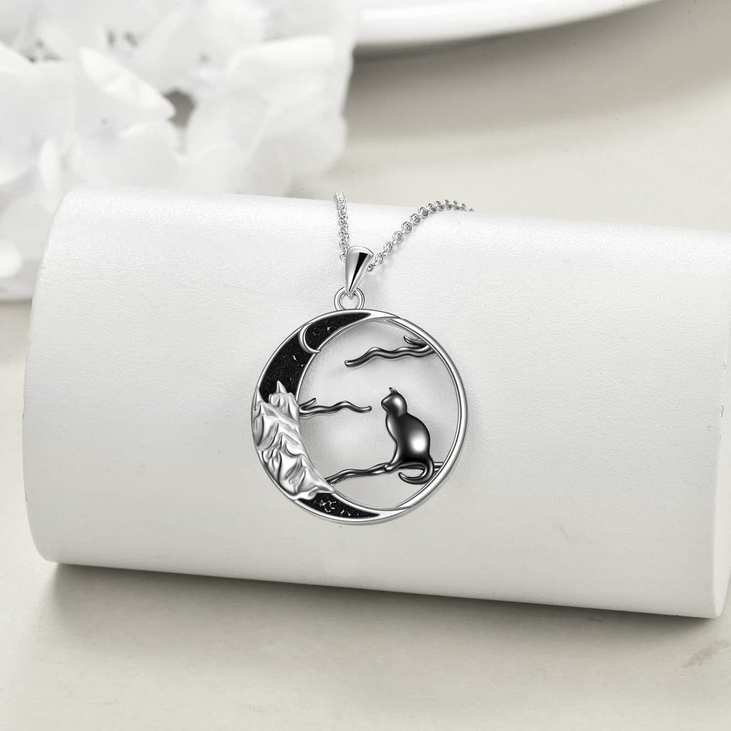 Women's Sterling Silver Black Cat Necklace