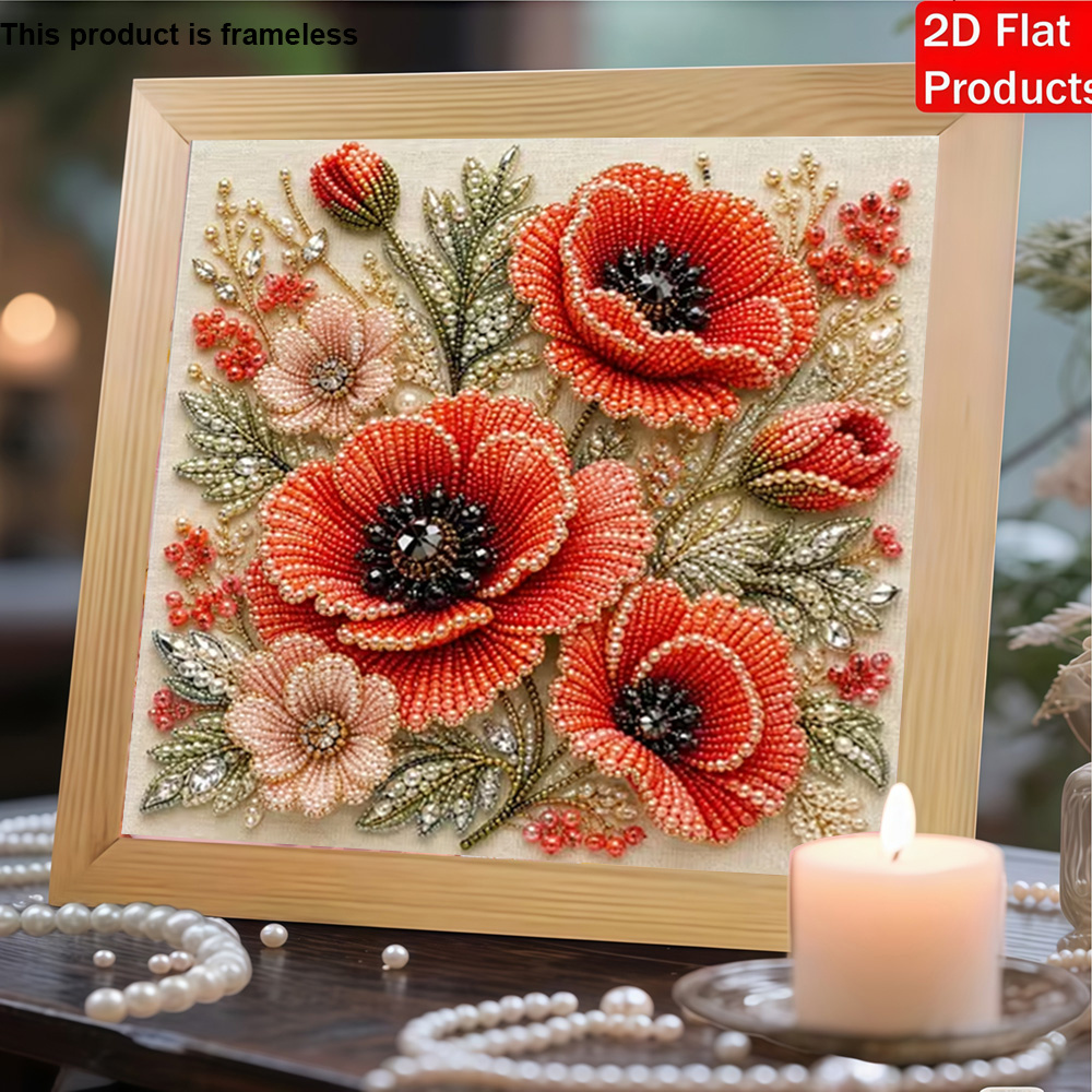 TEMU New Diy Frameless Pearl Painting, Featuring A 3d Beaded Rhoeas Flower Cluster . This Creative Diamond Painting Kit Includes Pearls And Tools For