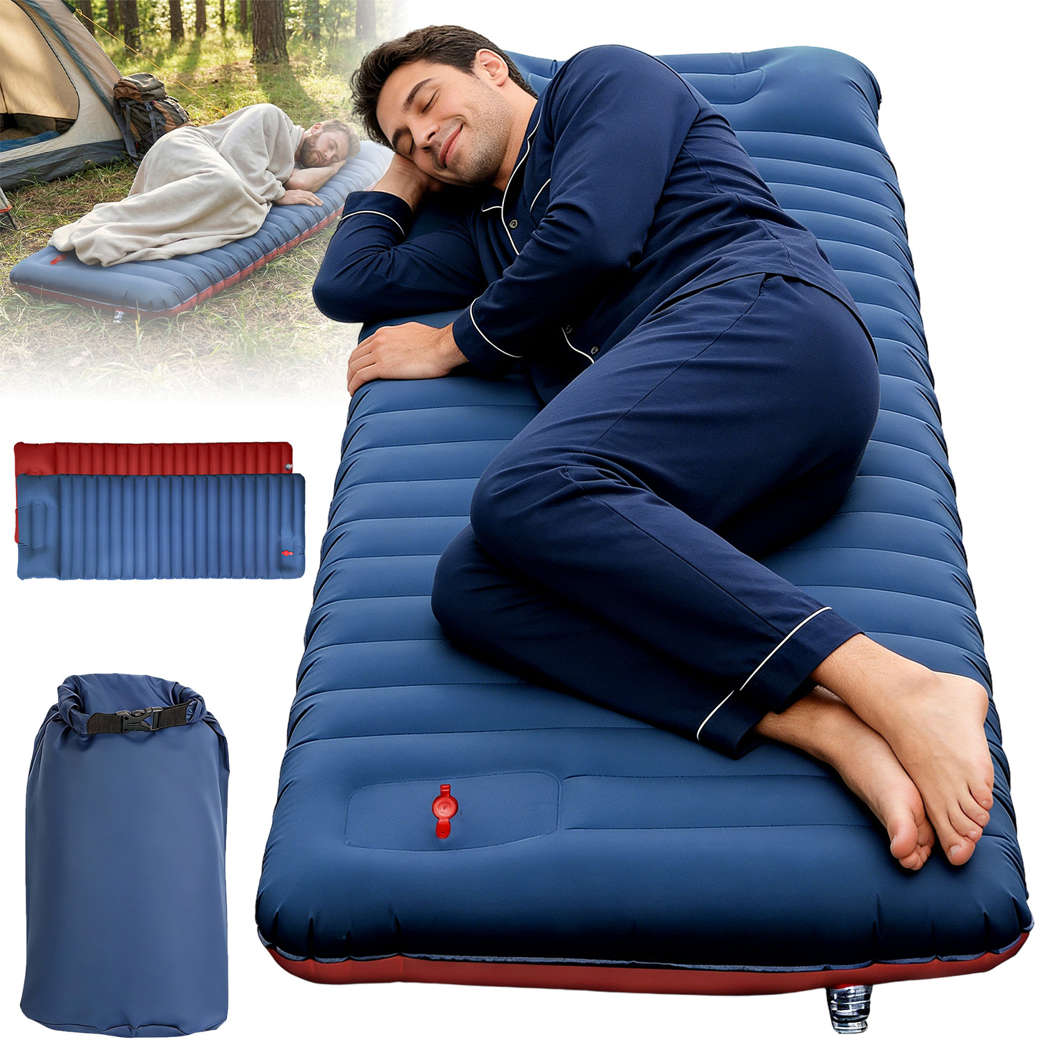 E-shop Aufblasbare Camping-Schlafmatte, mit einem 12 cm Design, integriertem Kissen und Fußpumpe, für Rucksackreisen, Wandern und Zeltreisen