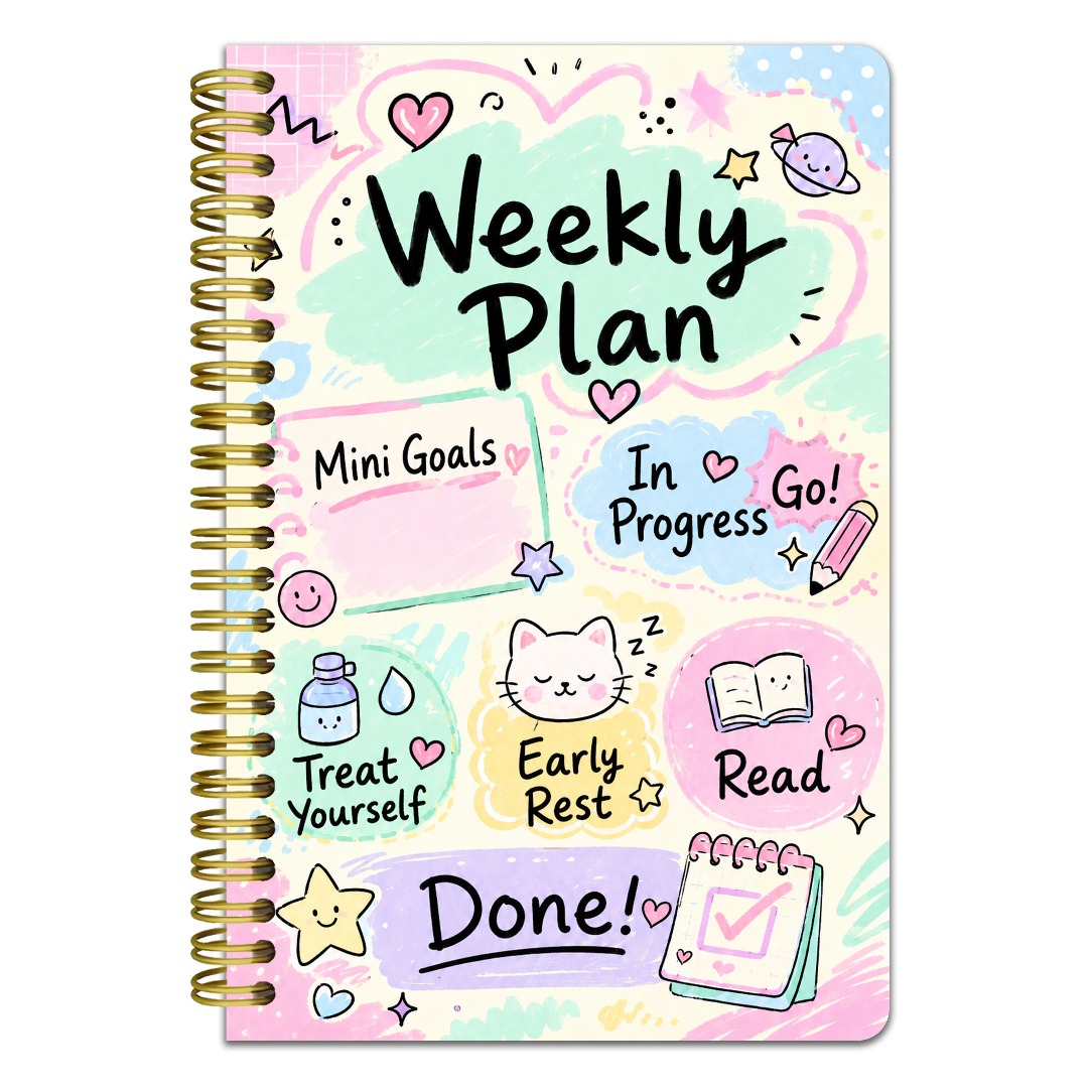 TEMU 1 Carnet de planification hebdomadaire A5, clair avec style de de chat de dessin animé, inclut des journaux pour mini-objectifs, lecture et .