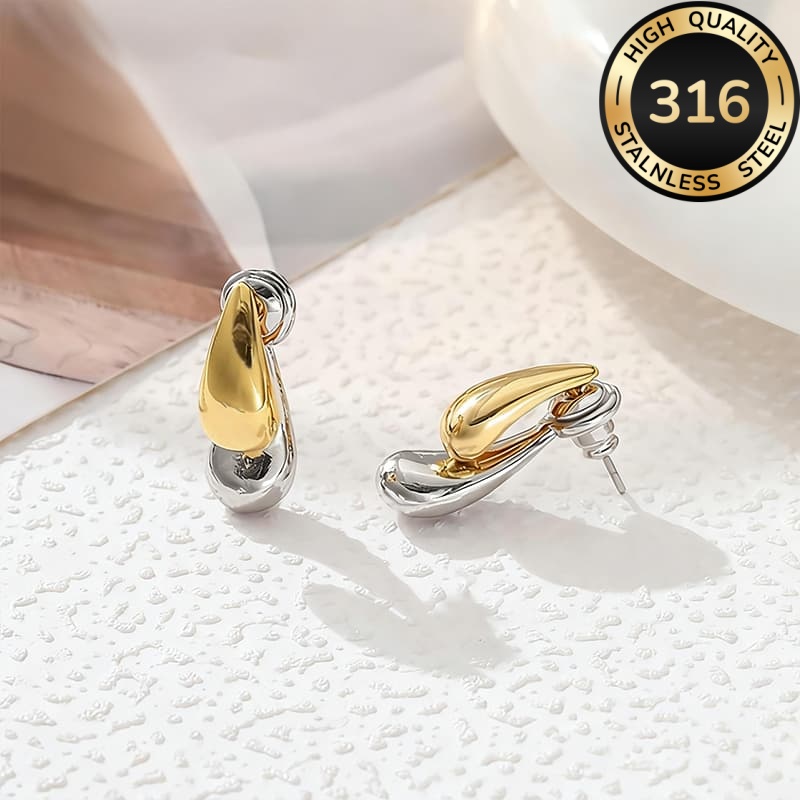 Women's Hypoallergenic Two-Tone Golden Silver Teardrop Stud Earrings