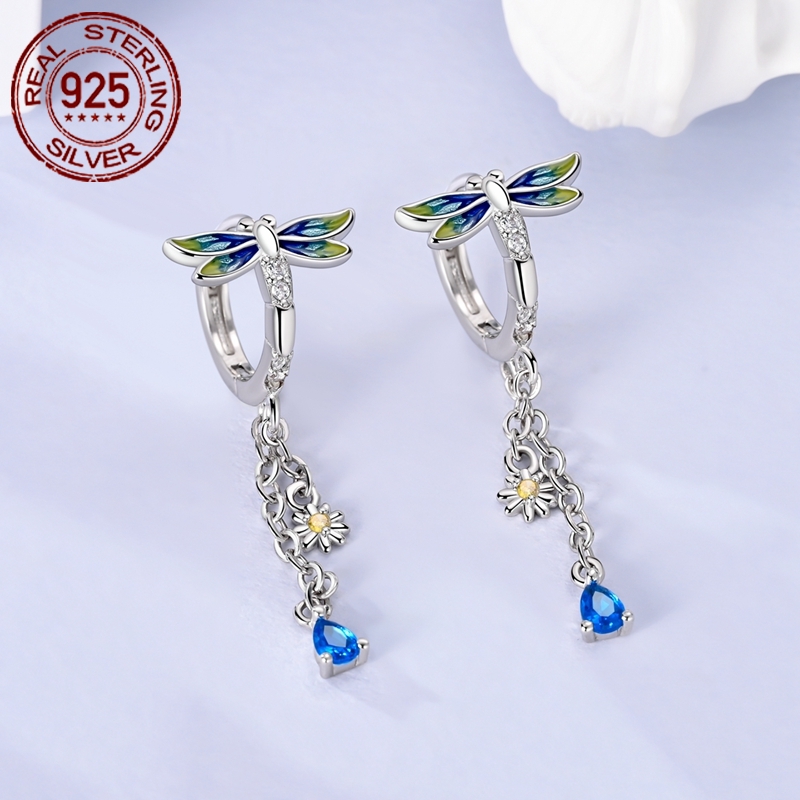Women's 925 Silver Dragonfly Tassel Hoop Earrings, Elegant Gift