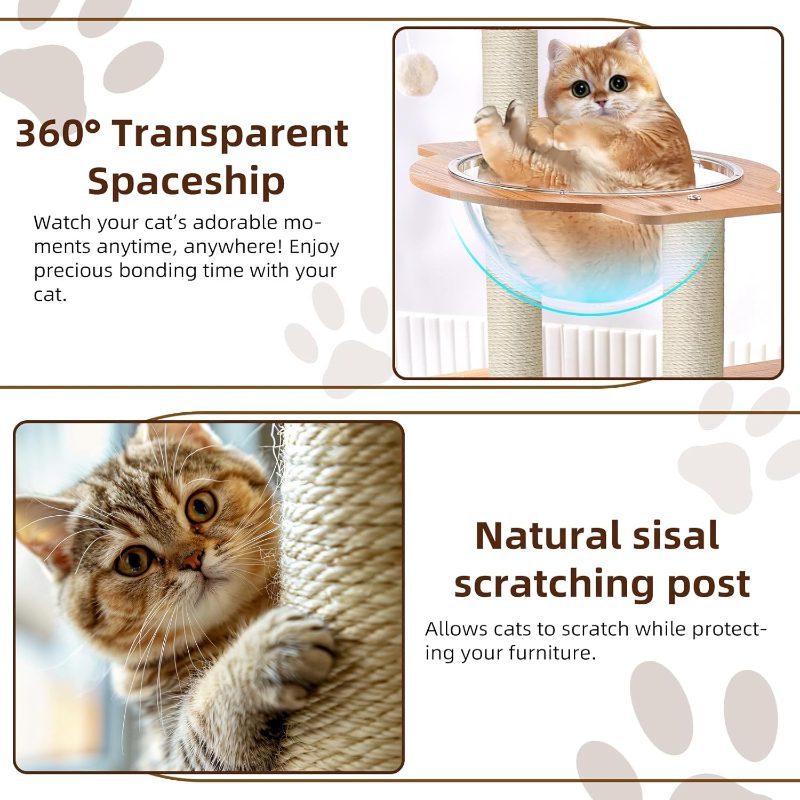 Large Modern Light Oak Cat Tree for Indoor Cats - Multi-Level Cat Condo with Scratching Tower, Hanging Ball & Basket, Thick Durable Panels Suitable for Large Spaces, Multi-Cat, Climbing Furniture for Kittens and Cats - Image 7