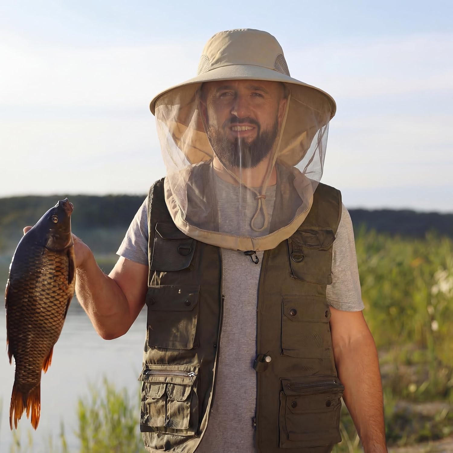 Mesh Sun Hat, Wide Brim Fisherman Hat with Neckband And Adjustable Headband, Suitable for Men And Women'S Outdoor Hiking, Fishing, Summer Beach Activities, Gardening, Travel, And Camping