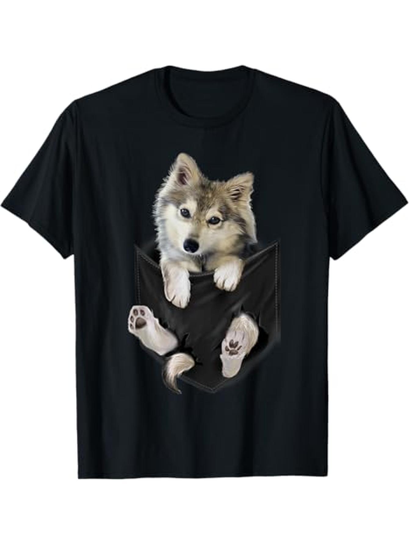 einzigartiges wolf-pup-taschendesign-t-shirt - baumwolle, schwarz | lässige  -kleidung |   geschenk für männer, frauen und teenager | größe s