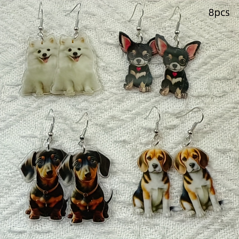 TEMU 8pcs [4 Paires] Boucles d'Oreilles Chien en Acrylique - Style Cartoon avec Détails de Cœur Rouge, Convient pour le Port et