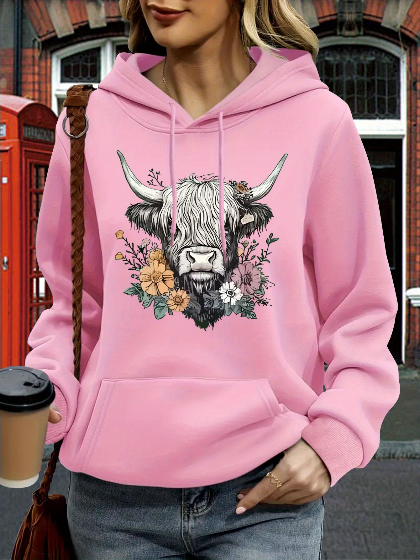 übergroßer damen hoodie hochlandkuh blumenmuster weiches Temu