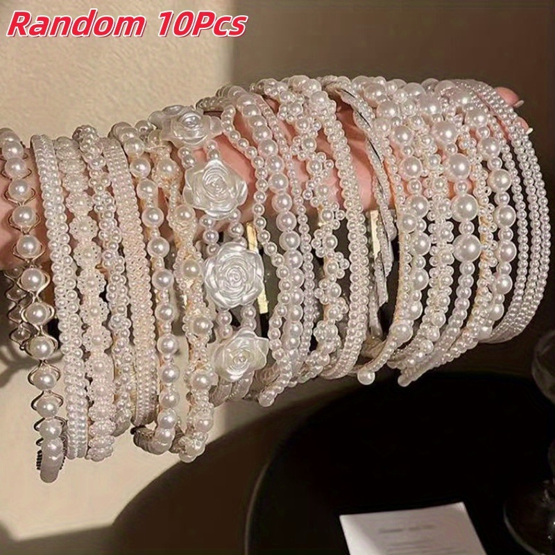 TEMU Random 10pcs Handmade Pearl Headbands For Women, Elegant Rhinestones Headbands, Bridal Hair Hoop, Perfect For Wedding Banquet Hair Accessories