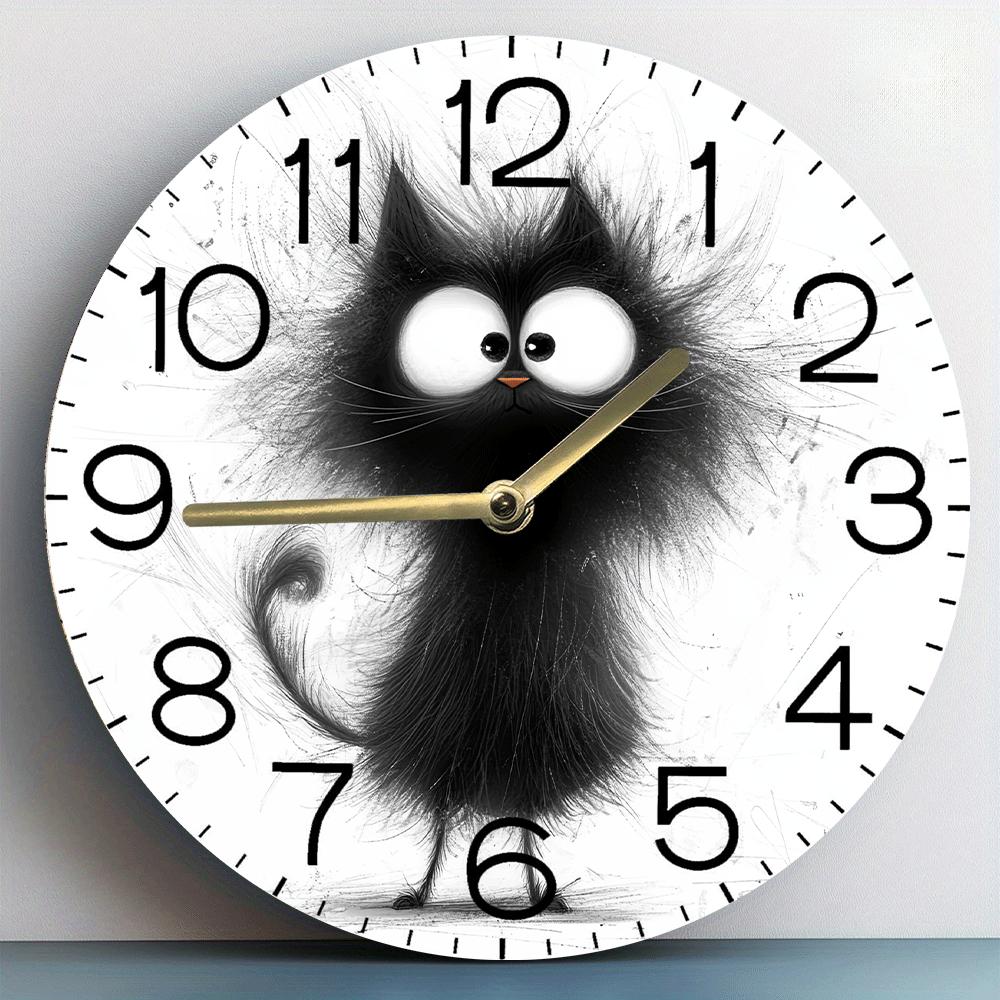 TEMU 1 Plush Cat Silent Wall Clock - 8x8 Inches, Cute Cartoon Black , Battery-powered Acrylic Clock, Suitable For Bedroom, Kitchen, And Office Decor,