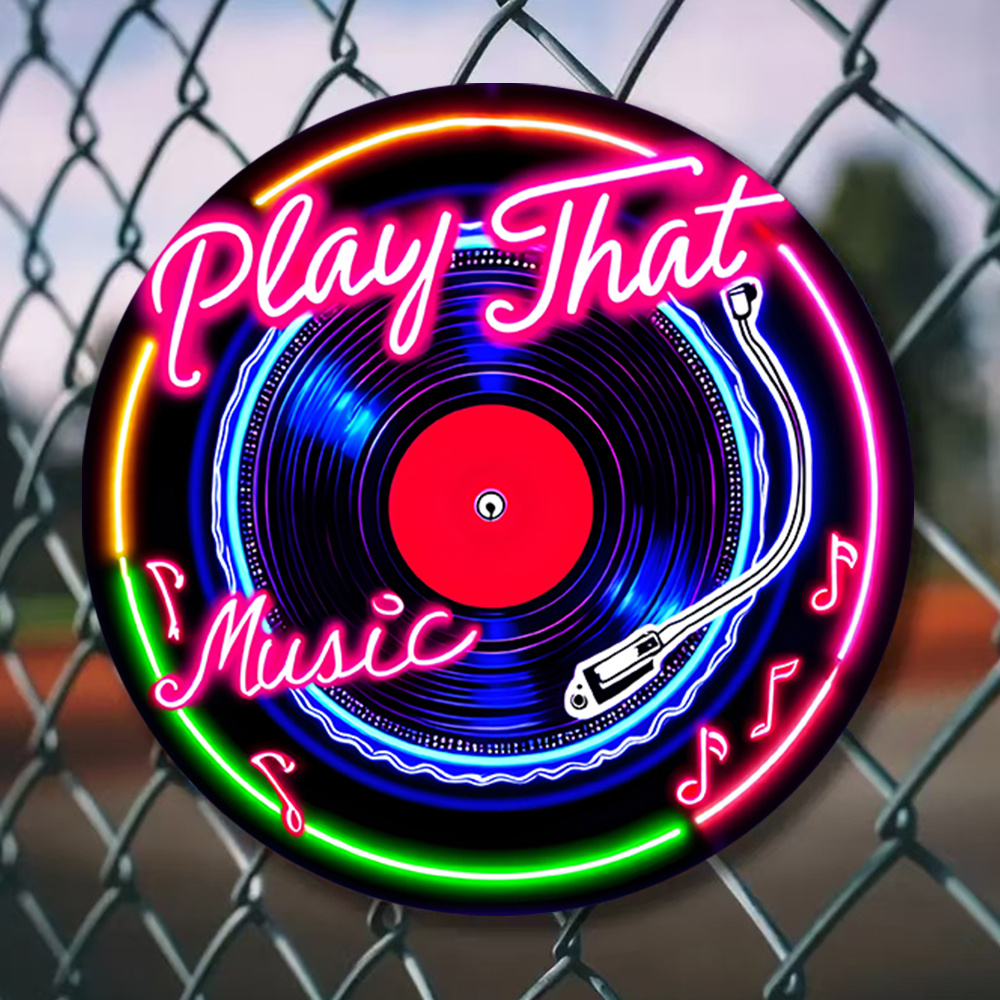TEMU Plat 2D, [Plat 2D] 1 pièce Décoration murale néon disque vinyle vintage - "Play That Music" Rétro, convient , , , de sport - Ornement rond en