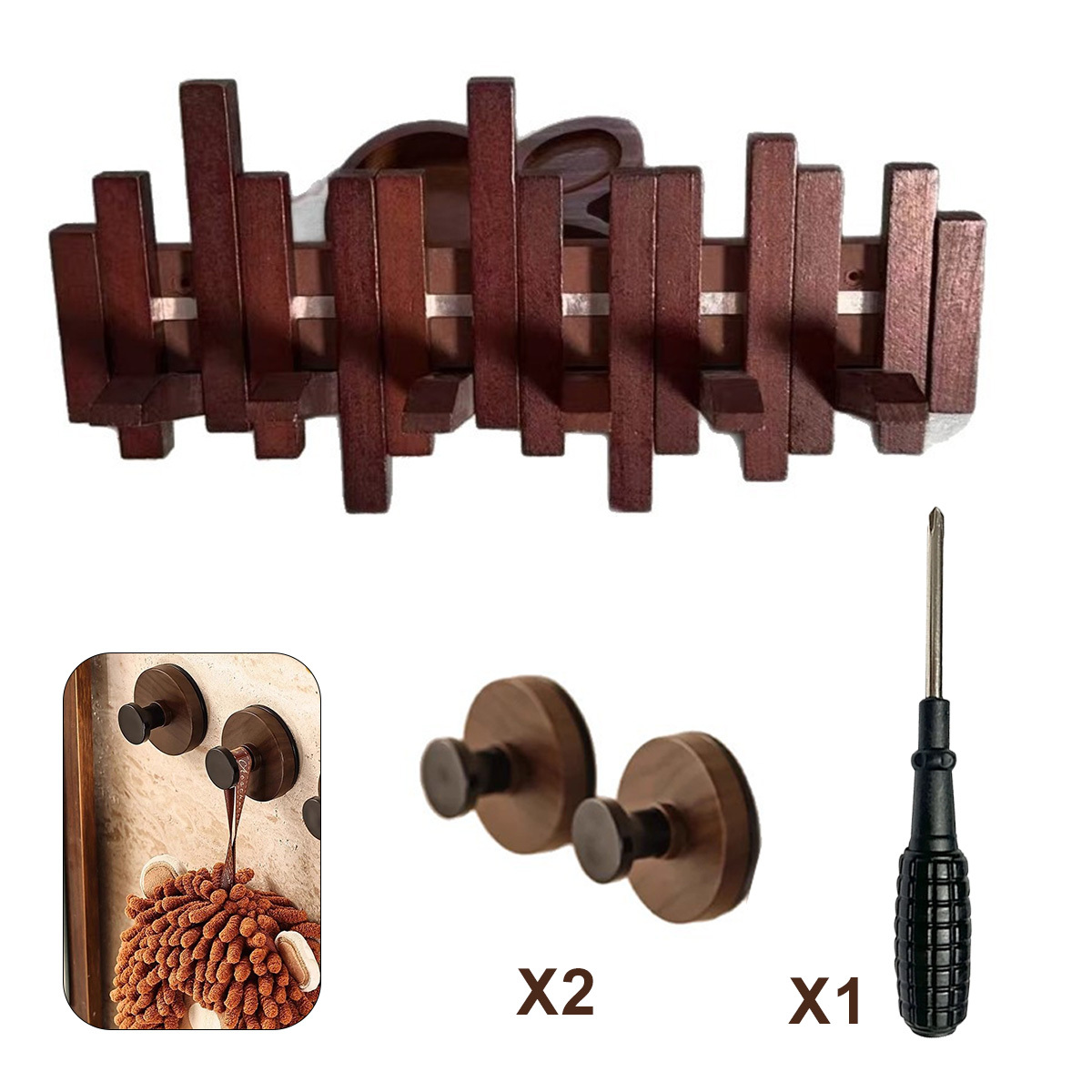 Wooden Coat Rack Wall Mounted Sticks Solid Handmade Natural Walnut Wood Artwork With 6 Flip-down Unique Modern Hooks For Coats Bag Hat Umbrella