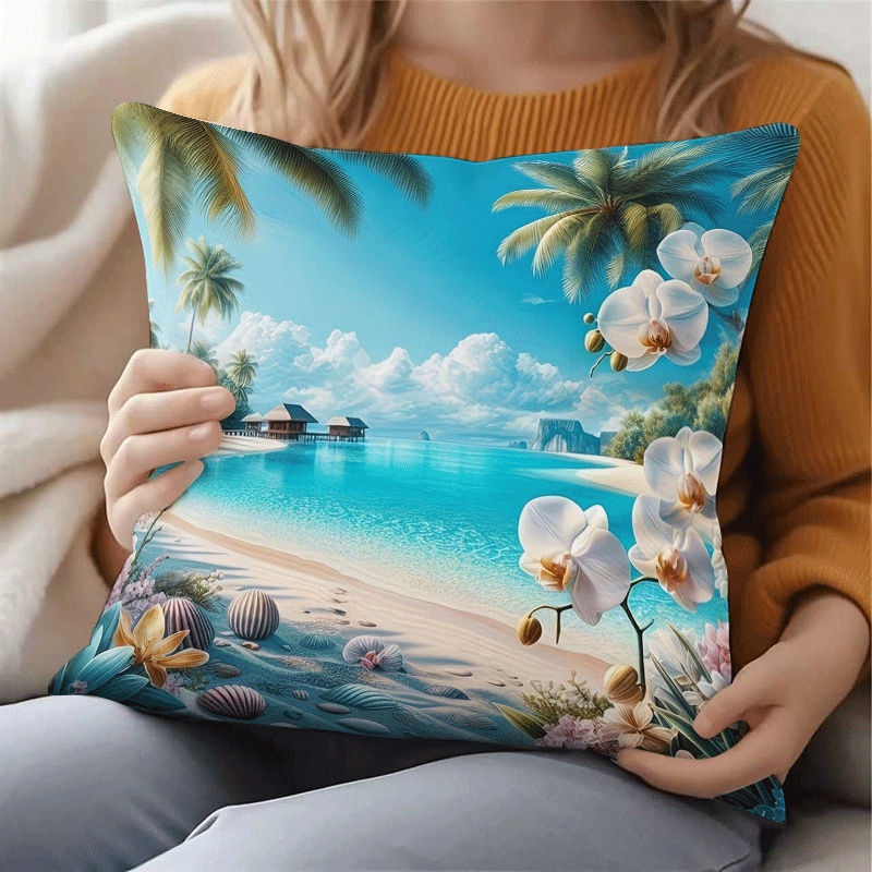 TEMU 1 Taie d'oreiller illustrée avec paysage de plage - Housse de coussin à motif d'orchidée blanche et de palmier - Housse de coussin douce et