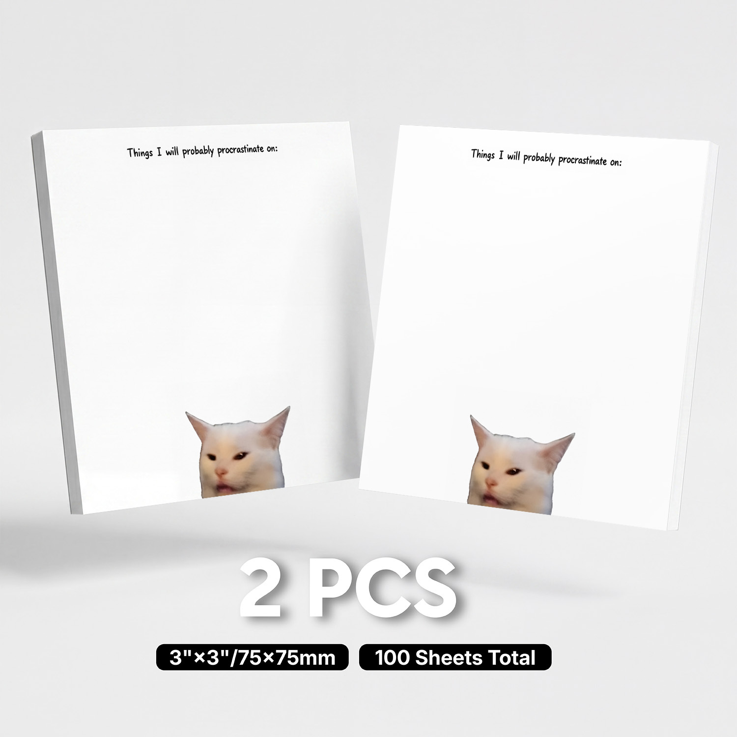 TEMU 2pcs Funny Cat Meme Sticky Notes, "things I Will Procrastinate On" Self-adhesive Memo Pads, 100 Sheets Total, Cute Kawaii Cat Notepad,
