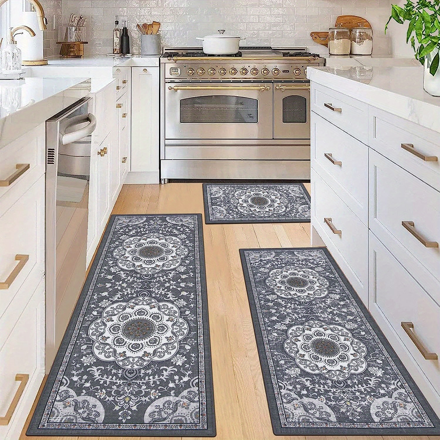 3pcs Boho Kitchen Mat Set With Runner- Non-slip Bohemian Floor Mats Suitable For Kitchen, Hallway, Laundry Room- Machine Washable Soft Mat With Tpr Backing, Boho Mat Set(3pcs+ Runner)
