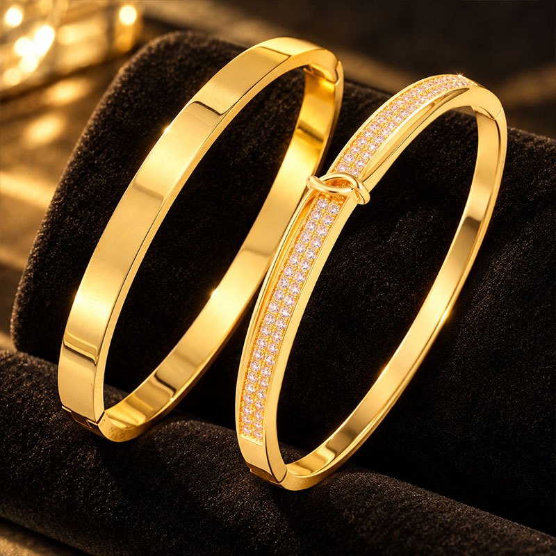 2pc Women's Bracelet Set, Smooth Stainless Steel & Copper Accents