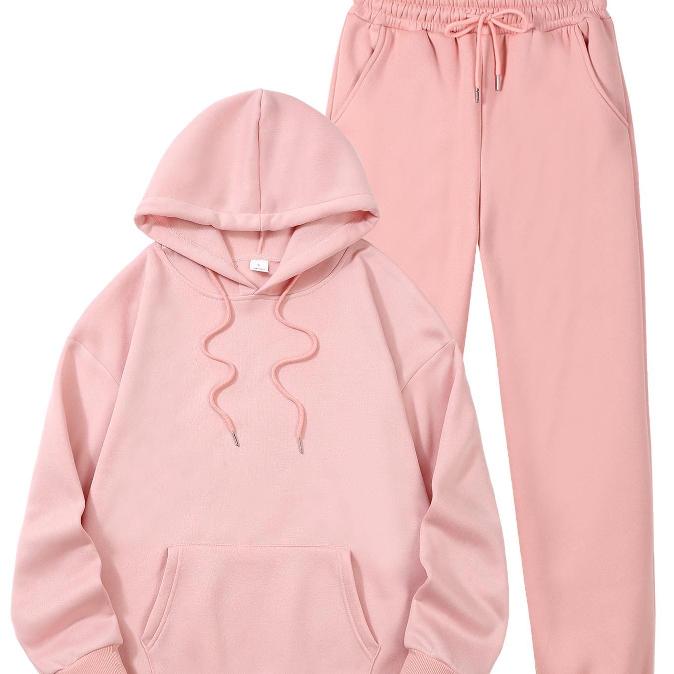 

Women's Hooded Sweatshirt And Jogger Set, Polyester Knit Fabric, Stretch, Solid Color, With Fleece And Kangaroo Pocket, For Active Wear