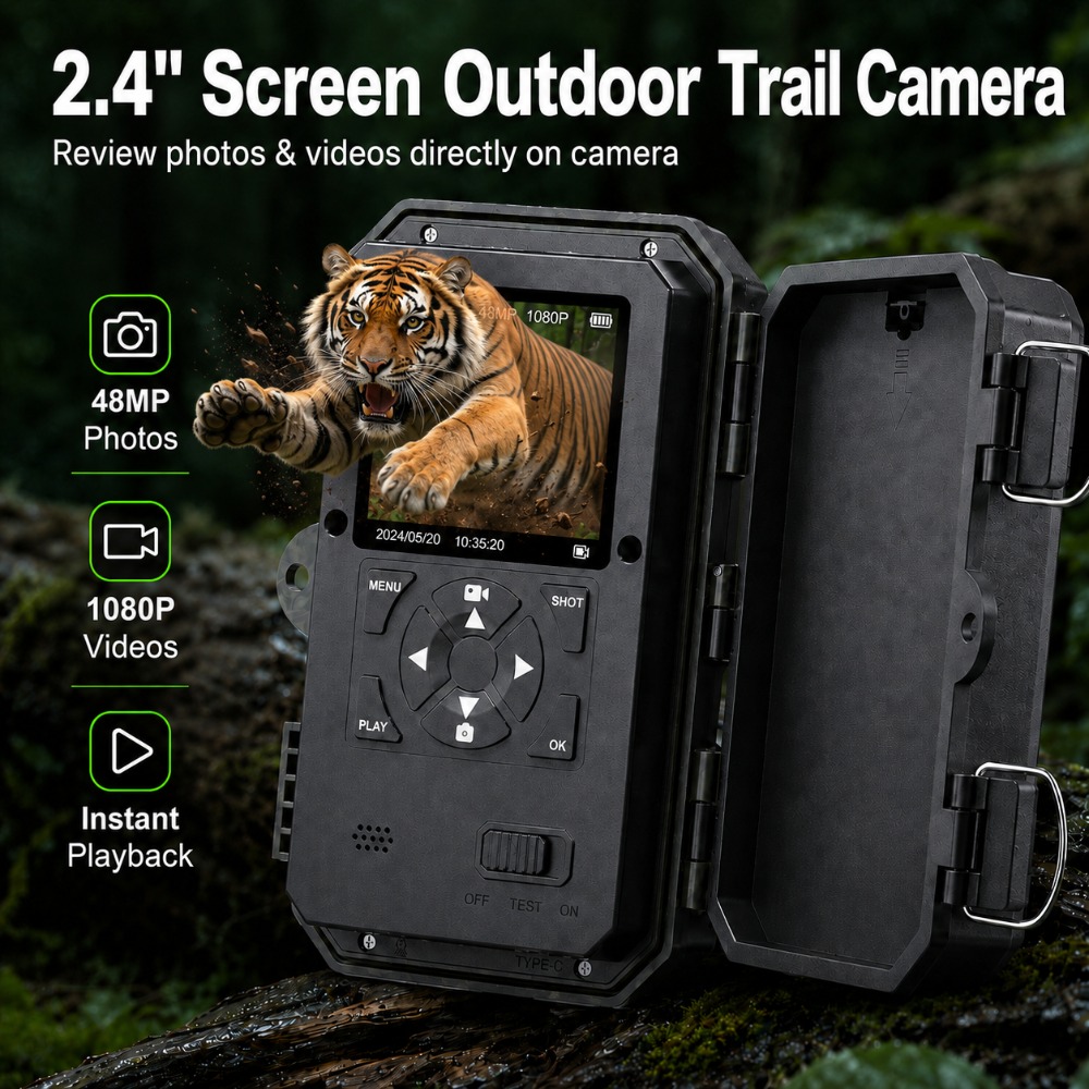 48mp 1080p Trail Camera, Ip66 Wildlife Game Camera With 0.8s Fast Trigger, 120° Wide Angle Motion Detection, 25m Infrared Night Vision, 2.4-inch Color Screen, Outdoor Security And Animal Monitoring