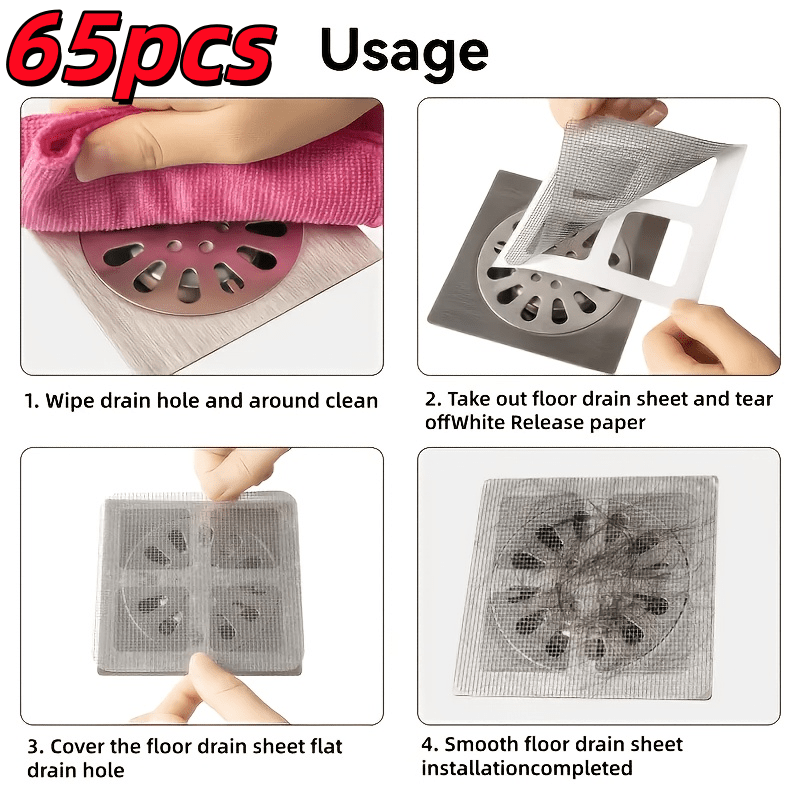 TEMU 65pcs Self-adhesive Disposable Floor Drain Hair Filter Mesh, Adheres And Is Not Easy To Fall Off, Intercepts Hair , Prevents Insects And