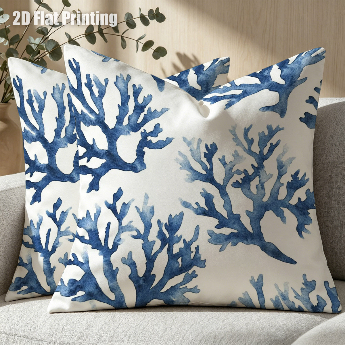TEMU 2d Flat 2pcs Watercolor Branches Cushion Covers, Double Prints Stylish Design, For Nook, Bedroom Accent, Coastal Themed , For Home Decor