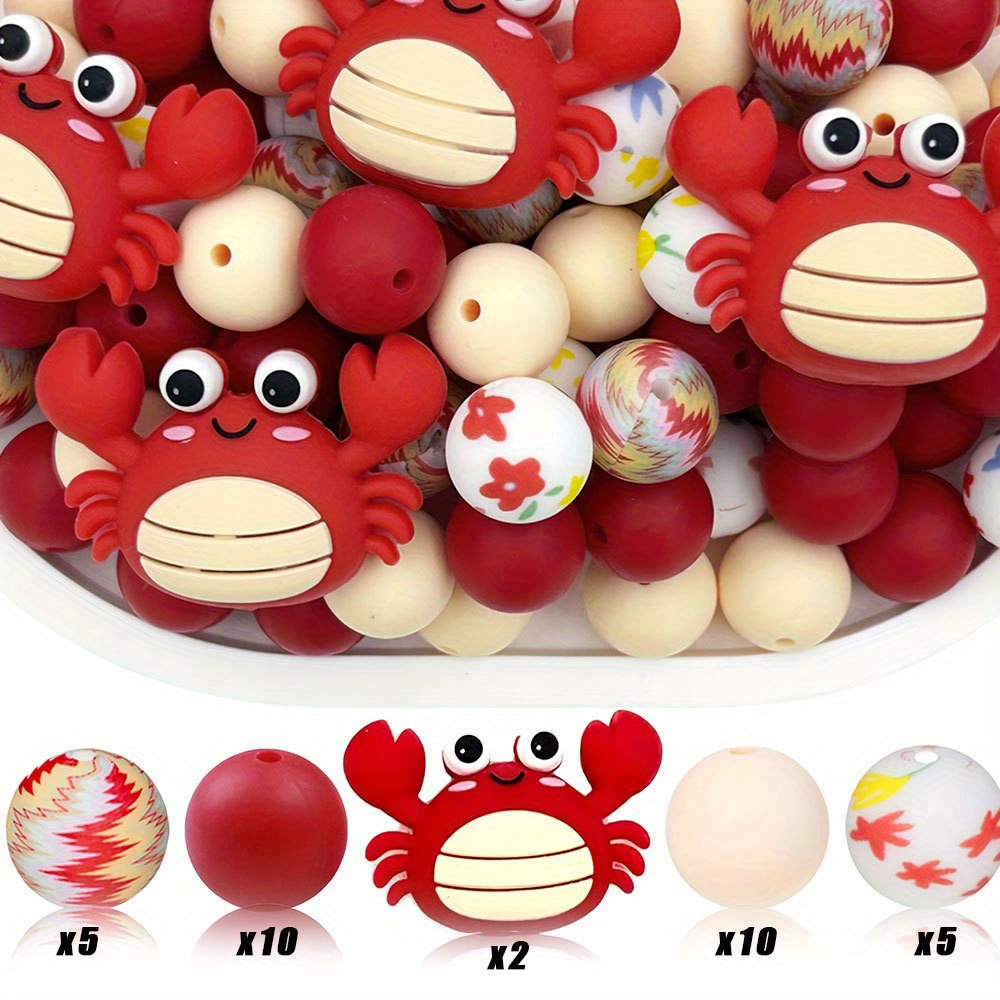 TEMU 32pcs 3d Silicone Beads 15mm - Color-printed Cartoon Design With White Eyes & Red Legs, Ideal For Making, Pen/ Keychain/ Necklace/ Bracelet