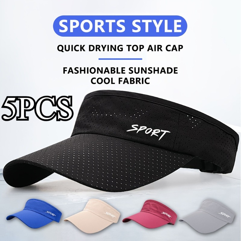 Image of 5pcs, Sports Outdoor Visor Hats For Women, No Cap, Quick- Sun Hat, Tennis Cap, Topless Sun Hat For Men, Badminton Player Cap, Rose Red, Gray, Beige, Blue, Black