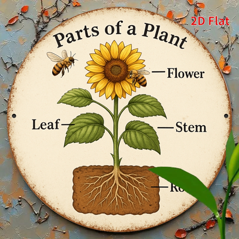 TEMU 2d Flat, [ 2dflat] 1pc 20x20cm Round Aluminum Sign- Plant Parts Chart Poster- Labeled Botanical Diagram With Flower, Leaf, Stem, Root ,