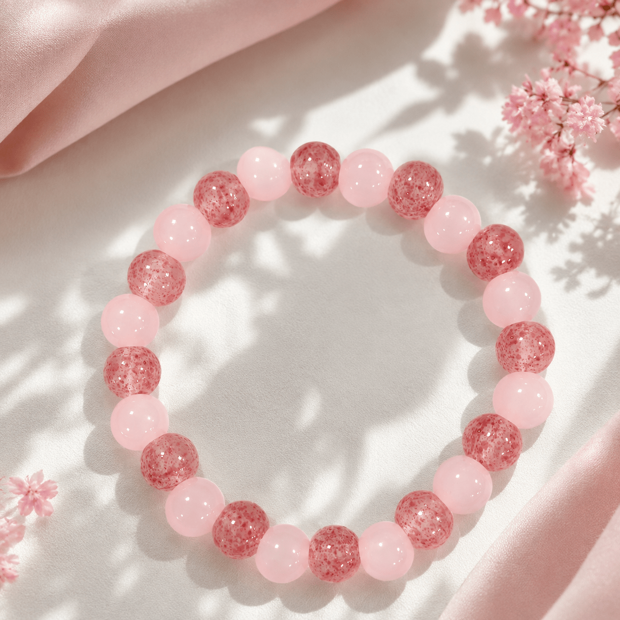 Unisex Wealth Bead Bracelet, Pink Agate, Bohemian Style