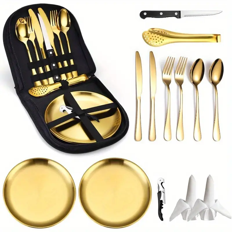 camping silverware kit cutlery organizer utensil picnic set stainless steel plate spoon clip and serrated knife wine opener fork napkin hiking camp kitchen bbqu2019s camping plates and utensils camping cooking set camping kitchen accessories camping plates camping cooking utensils set outdoor dining lightweight utensils portable design durable utensils rustresistant material Product details 0