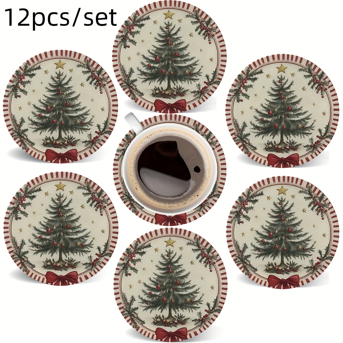 TEMU 12pcs Round Wooden Coasters With Red Striped Christmas Wreath Design, Suitable For Hot And Cold Drinks, Perfect For Coffee Table Decor And Home
