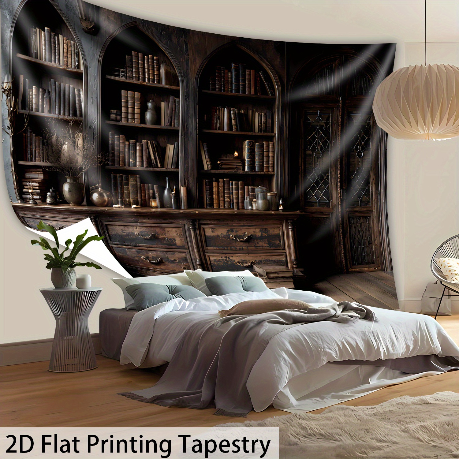 TEMU 2D Plat, [2D Plat Printen] 1 stuk - Extra Groot Formaat - Middeleeuws Gotisch Vintage Houten Bibliotheek - HD Digitale Print Groot Wandtapijt -