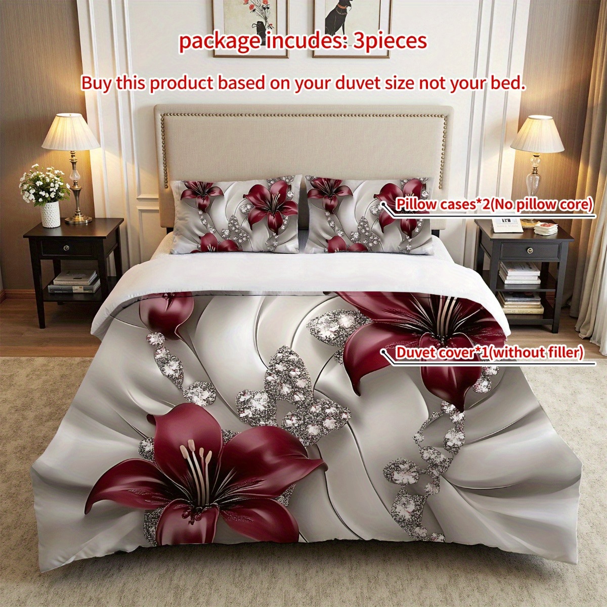 TEMU 3pcs Orchid Pattern Duvet Cover Set, Gemstone Details, Floral Print, Breathable Polyester, , Machine Washable, , No Insert For Bedding (1duvet